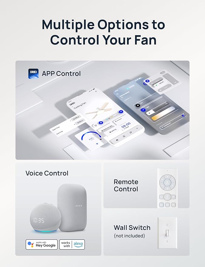 Dreo Ceiling Fans with Lights, 12 Speeds & 3 Fan Modes, Quiet DC Motor, Low Profile Easy to Install, Flush Mount Smart Ceiling Fan with Dimmable LED, 12H Timer for Bedroom, Remote, White, 44''