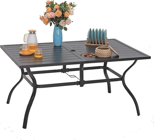 Sophia & William Outdoor Patio Table for 6 People, Rectangular Metal Patio Outdoor Dining Table, Black Steel Slatted Weather-Resistant Table with 2" Adjustable Umbrella Hole, L60 * W38 * H28