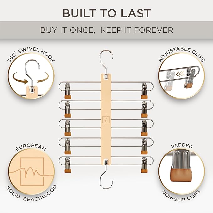 MORALVE Skirt Hangers Space Saving with Clips - 2 Pack - European Beechwood 5-Tier Hanger for Shorts, Skirts, and Pants - Closet Organizer and Storage Solution for Women with 360° Swivel Hook