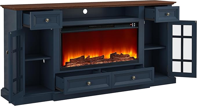 Modern TV Stand with Electric Fireplace - Fits TVs Up to 78 Inches - Navy