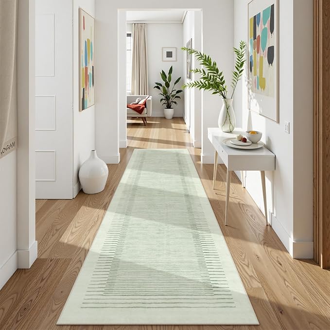 Morebes Modern Green Rug Runners for Hallways 2.5x8, Washable Kitchen Runner Rug Non-Slip, Striped Soft Low Pile Ultra-Thin Carpet for Bathroom Bedroom Nursery (2.5'x8',Sage Green)