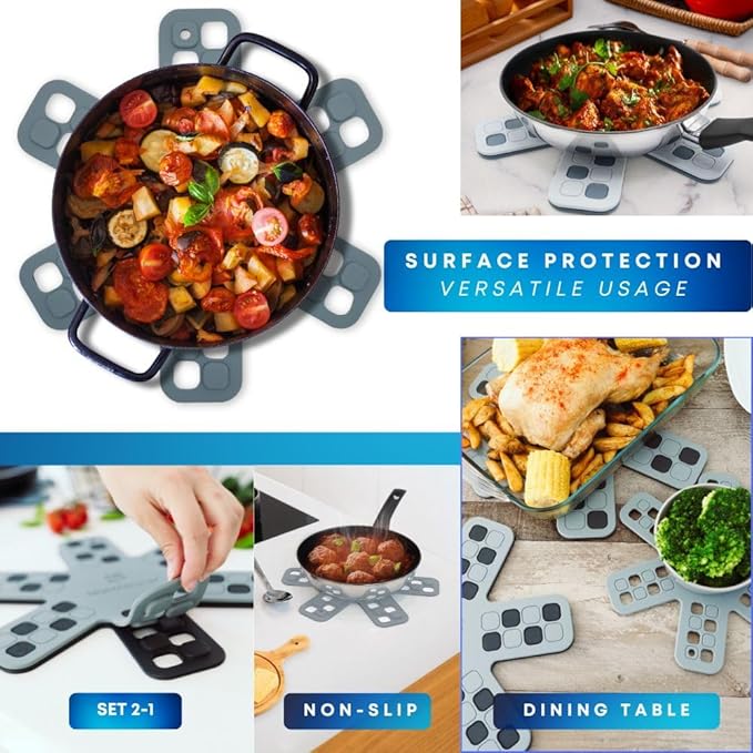 Dual-Use Silicone Pan Protectors for Stacking & Trivets for Hot Dishes | Silicone Trivet Mat | Perfect Pot and Pan Protectors for Stacking | Cookware Protectors for Stacking (6PCS-BLU/BLU)