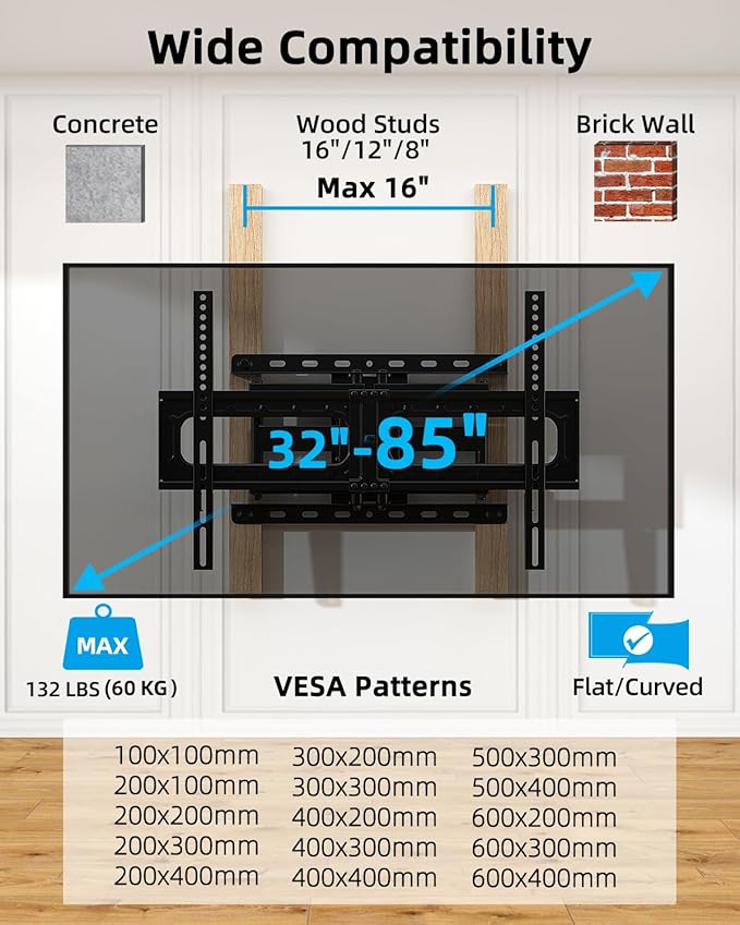 HOME VISION Full Motion TV Wall Mount for Most 32-85 inch TVs up to132 lbs, TV Mount Swivel and Tilt with Dual Articulating Arms, Wall Mount tv Bracket Max VESA 600x400mm, Fits 8" 12" 16" Wood Studs