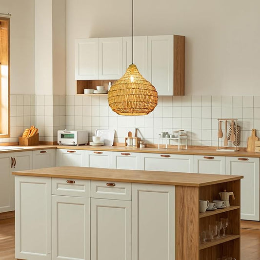 1 Light Seagrass Pendant Light for Kitchen Island, Farmhouse Rustic 13.77''W Small Woven Chandelier Ceiling Hanging Light Fixture Handmade Wicker Shade for Dining Room Shop Restaurants