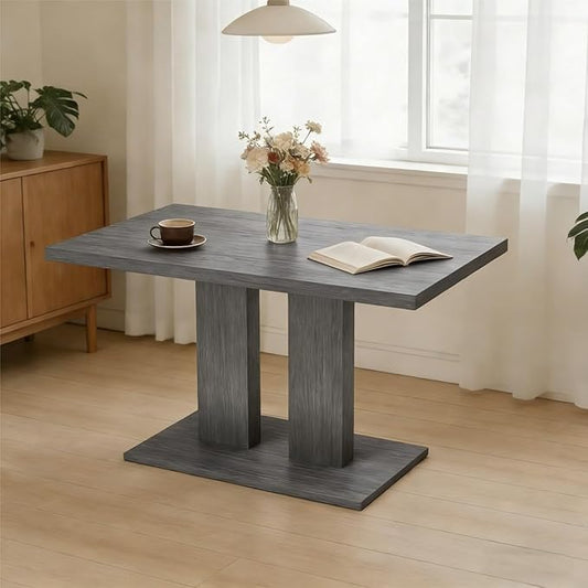 46" Dining Table for 4, Modern Rectangular Dining Room Table with Sturdy Pedestal Base, Thickened Tabletop, MDF Grey Wood Finish Kitchen Table for Breakfast Nook, Home & Apartment