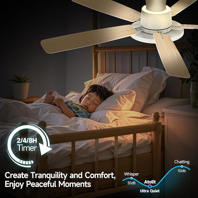 Ceiling Fans with Lights,52 inch,Nightlight,Quiet,Reversible Motor,6 Speeds,Timer, Low Profile Ceiling Fan for Bedroom,Living Room,Indoor/Outdoor Use(White)