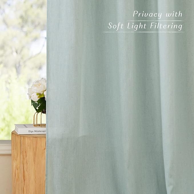 NICETOWN Sage Green Short Linen Curtains for Kitchen, Thick Flax Small Window Treatments Semi Sheer Privacy Assured with Light Through for Cafe/Bathroom, W42 x L48, 2 Panels