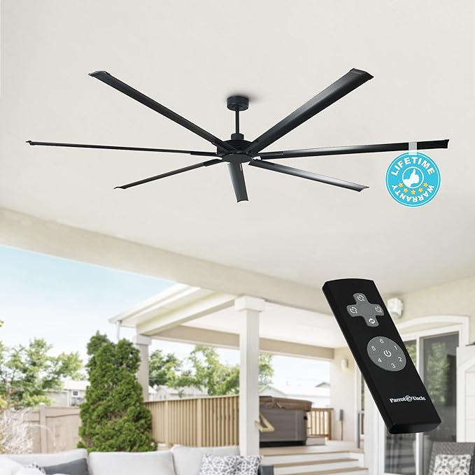 100 Inch Ceiling Fans without Lights, Industrial Black Large Ceiling Fan No Light for Living Room Shop Garage Bedroom Indoor Outdoor, Remote Control, Reversible 7 Aluminum Blades, Ventilador De Techo