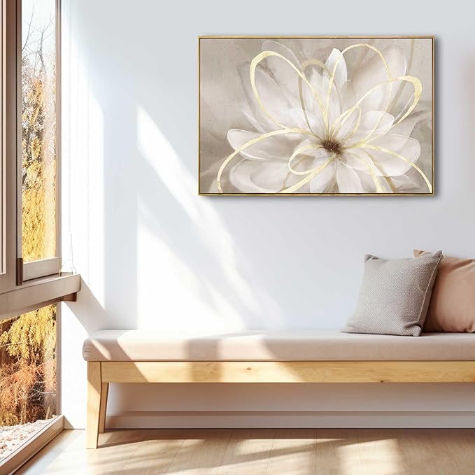 SOUGUAN White Flower Picture Gold Botanical Paintings for Wall Decorations Wall Art for Living Room Bedroom Office Home Decor 24"x36"
