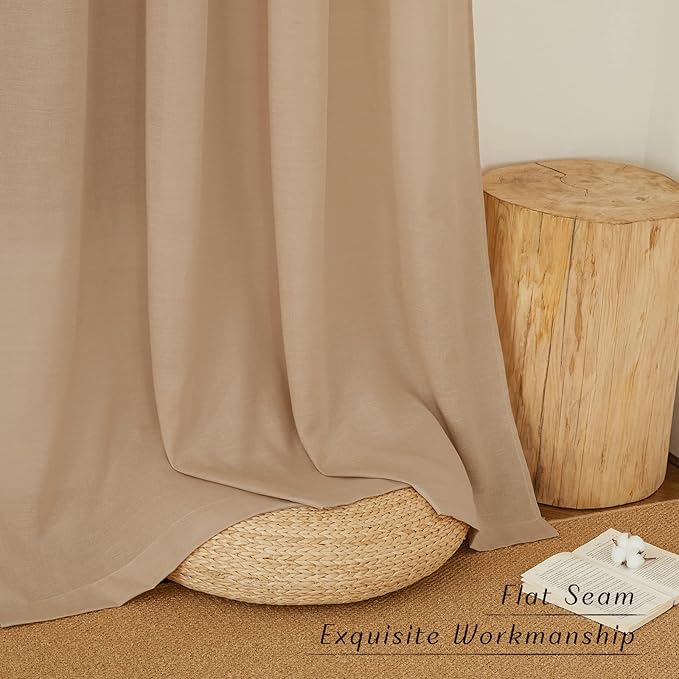 NICETOWN Flax Thick Linen Camel Curtains for Bedroom, Grommet Top Linen Blend Semi Sheer Privacy Assured Window Treatment Light Filtering for Living Room, 55" W x 63" L, Set of 2