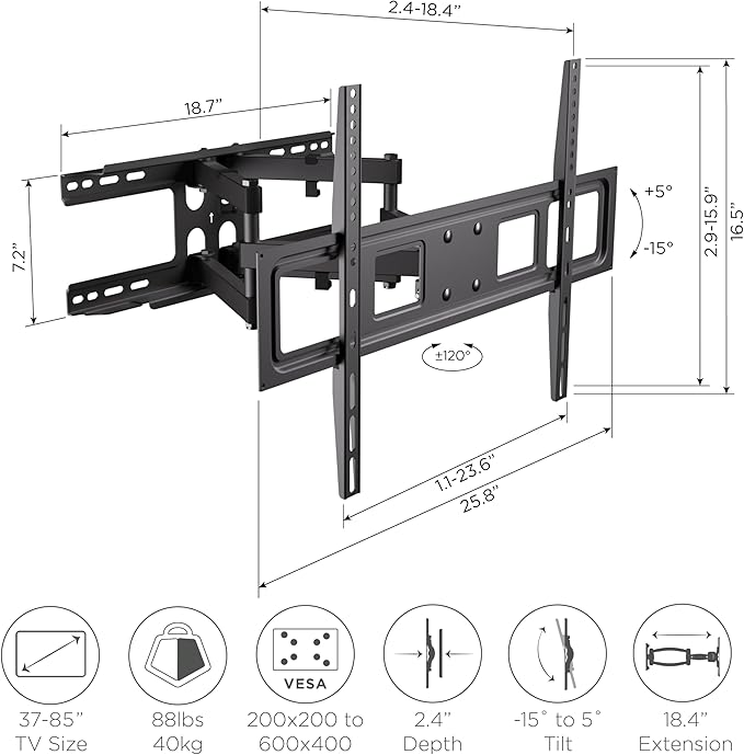 ProMounts Articulating/Full Motion Universal Swivel Heavy Duty TV Wall Mount, Adjustable Long Arm Bracket for 37-85 Inch LED, LCD Plasma Flat and Curved TV Screens holds up to 88 lbs, Max VESA 600x400