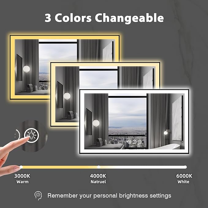 55x36 LED Bathroom Mirror, Black Aluminum Framed, Backlit + Front-Lit, 3 Colors Temperature Changeable, Dimmable Vanity Mirror, Tempered Glass, Defog, Waterproof, Memory (Horizontal/Vertical)