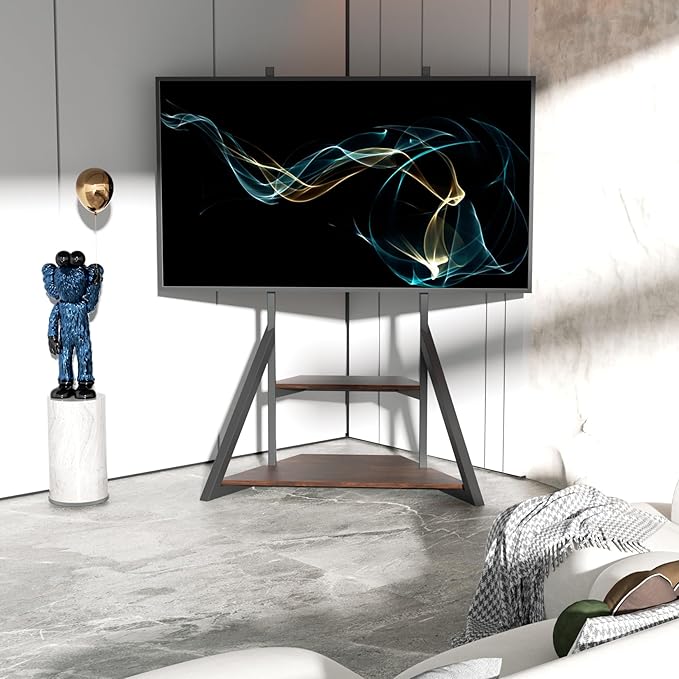 unho Floor TV Stand with Mount, for 40 45 55 65 75 inch Corner tv Stand with Wheels Adjustable Height Bracket Heavy Duty 2 Wooden Shelves Base VESA 600x400mm Max Load Bearing 176 pounds