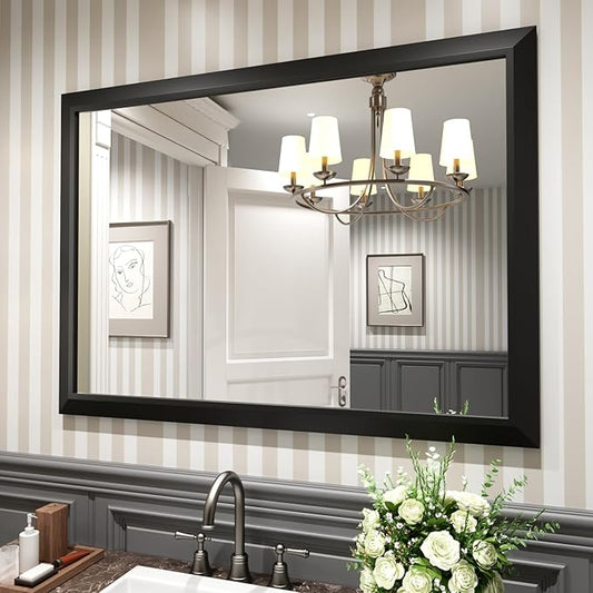 Amorho Black Bathroom Mirror, 48x35 Inch Thick Metal Framed Wall Mirrors for Over 2 Sinks, Bedroom, Living Room, Entryway, Large Rectangle Wall-Mounted Mirrors.