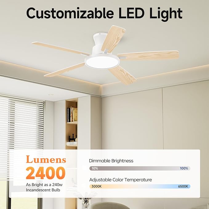 Ceiling Fans with Lights,52 inch,Quiet,Reversible Motor,Dimmable, Adjustable Color Temperature,6 Speeds,Timer, Low Profile Ceiling Fan for Bedroom,Living Room,Indoor/Outdoor Use(White)