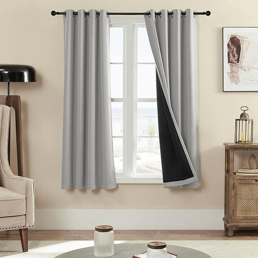 100% Blackout 330 GSM Curtain Panels , Heat and Full light Blocking Drapes with Grommets for Bedroom,Thermal Insulated Window Treatment Drapes for Living Room (Light Grey, 2 Panels,52 x 63inch)