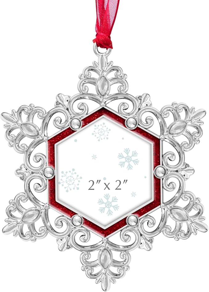 West style Snowflake Picture Frame Ornament Christmas Tree Ornaments Set 3 Pieces-Metallic Hanging Home Deco Hanging Pendant Holiday Keepsake Gift (Red, 3 Pieces)