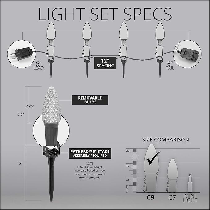 Wintergreen Lighting 50’ OptiCore LED Cool White Christmas Pathway Lights, C9 Outdoor White Christmas Lights, 4.5” Stakes, Green Wire Plug String Lights
