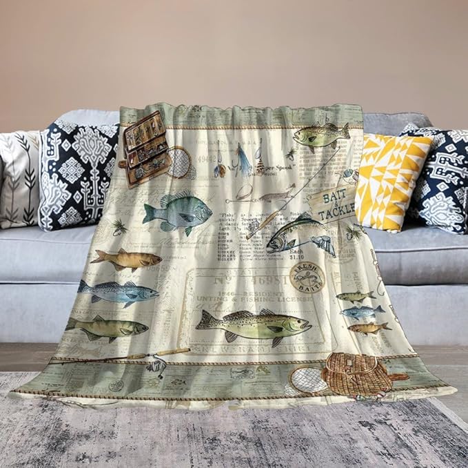 Fishing Blanket Gifts for Men and Kids - Soft Warm Cozy Fleece Throw for Adults - Fish Theme Couch Sofa Bed Cover 40"x50"