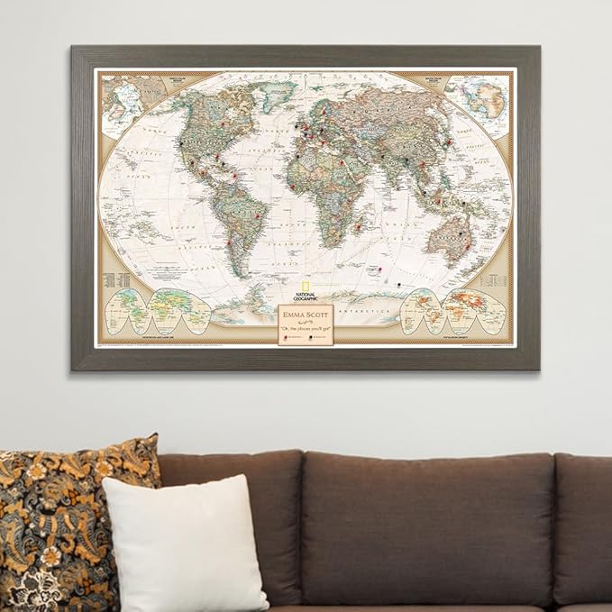 Canvas Executive World Map Pin Board – Framed Travel Map with Pins for Wall – Personalized Push Pin World Map for Tracking Journeys – 27.5" x 39.5" Barnwood Gray Frame