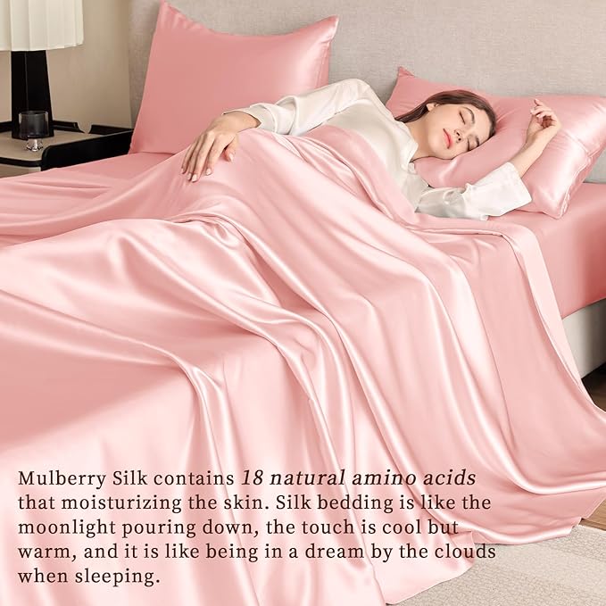 THXSILK Silk Sheet Set 4Pcs, 6A+ Top Grade 100% Pure Mulberry Silk Bed Sheets Ultra Soft Durable Luxury Bedding Sets, 1 Fitted Sheet, 1 Flat Sheet and 2 Pillowcases (Twin-XL, Charming Pink)