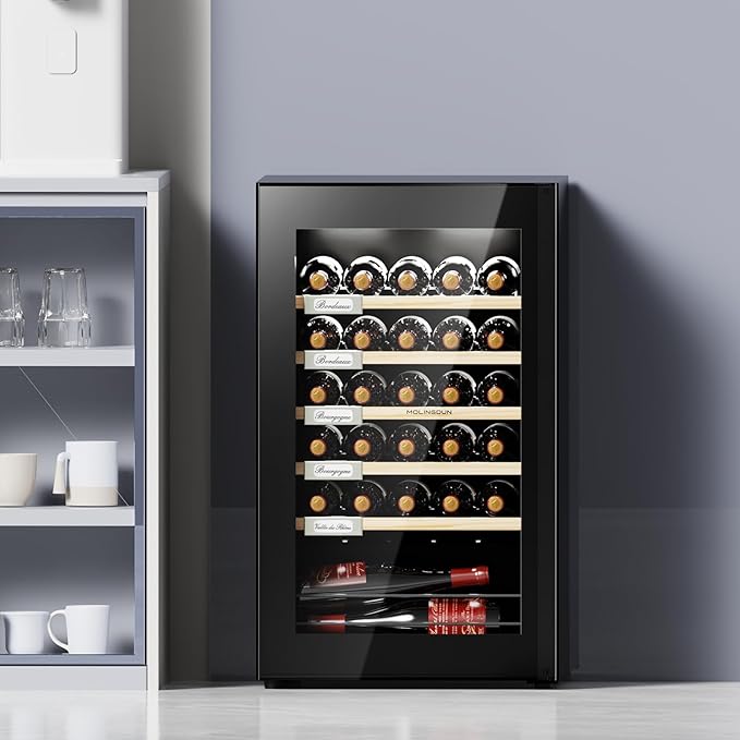 Wine Fridge, 33 Bottles Freestanding Wine Cooler, Intelligent Compressor, Frost Free, Glass Door, 41-64℉ Adjustable Digital Temperature Control, for Red, White, Champagne or Sparkling Wine