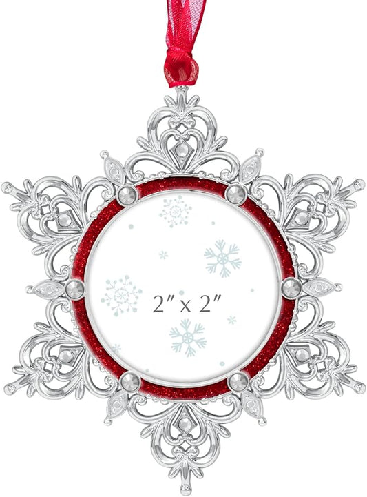West style Snowflake Picture Frame Ornament Christmas Tree Ornaments Metallic Hanging Home Deco Hanging Pendant Holiday Keepsake Gift (Red, C Snowflake)