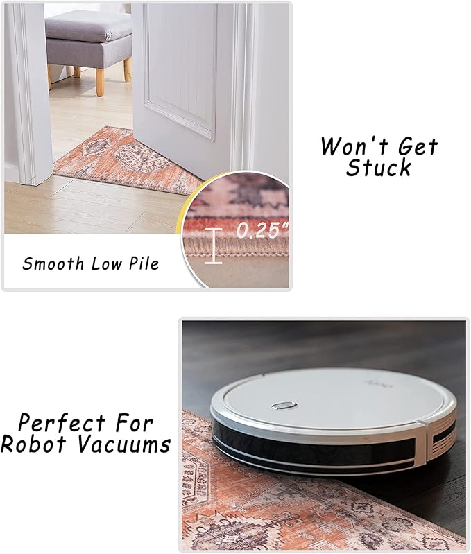 vivorug Runner Rug 2x10 Machine Washable Rug with Non-Slip Backing, Ideal for Kitchen Hallway Entryway Laundry Room - Vintage, Durable, Easy Clean, Low Pile Carpet Runner, Orange