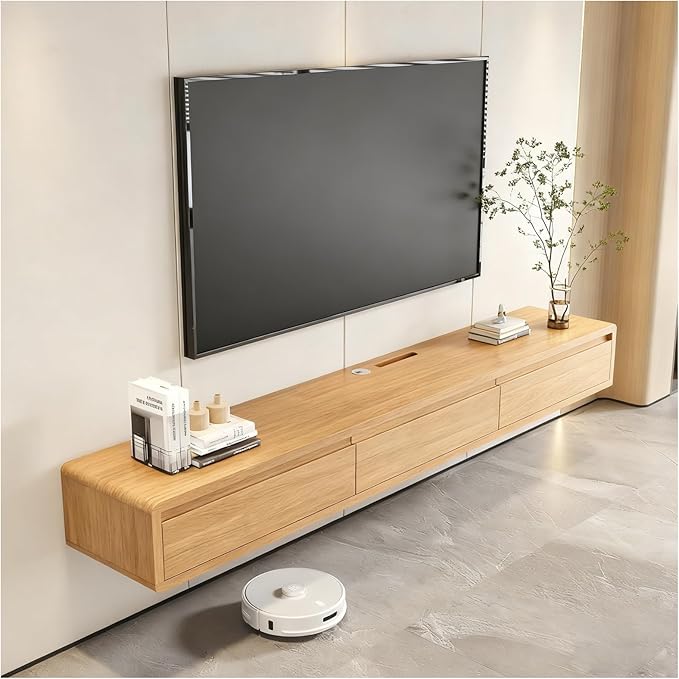 Solid Wood Floating TV Stand, Wall Mounted Entertainment Center with 2 Drawers, Floating TV Shelf for Living Room Bedroom & Office (Natural Wood, 71in)