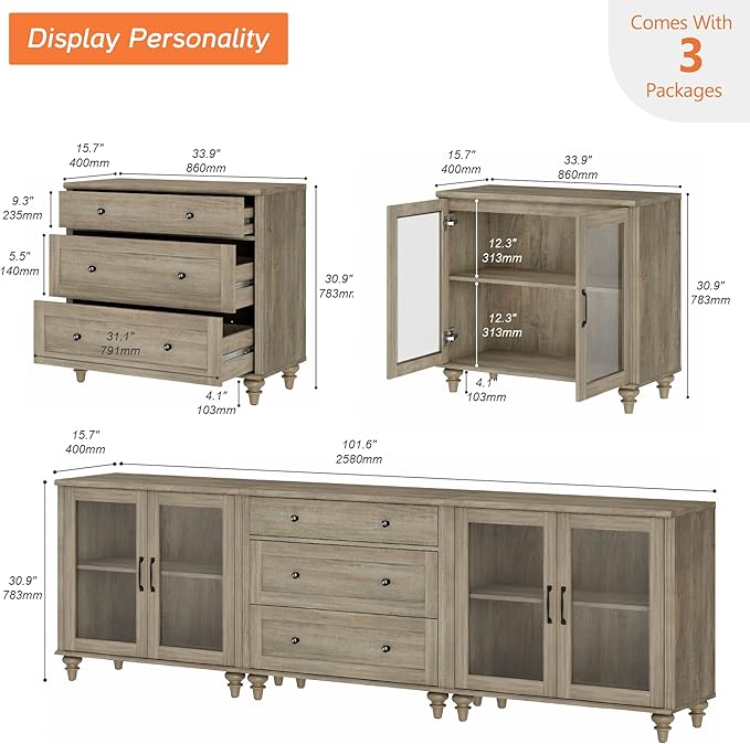 WAMPAT TV Stand for 100 Inch TV, 3-in-1 TV Console Table for 75/80/85/90 Inch TV, Entertainment Center with Glass Door & Drawer, Kitchen Sideboard Buffet Cabinet for Dining Room, Grey Wash