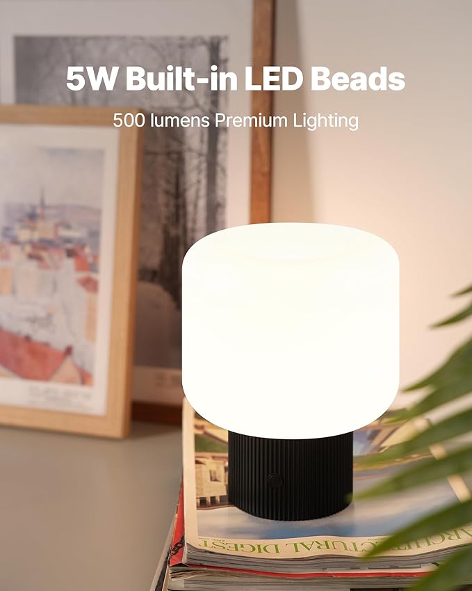 Halo Mushroom Lamp, 5W Cute Cordless Rechargeable Table Lamp with Glass Shade, 3 Color Temps LED Dimmable Ambient Lighting, Small Retro Touch Bedside Light for Bedroom Decor, Black