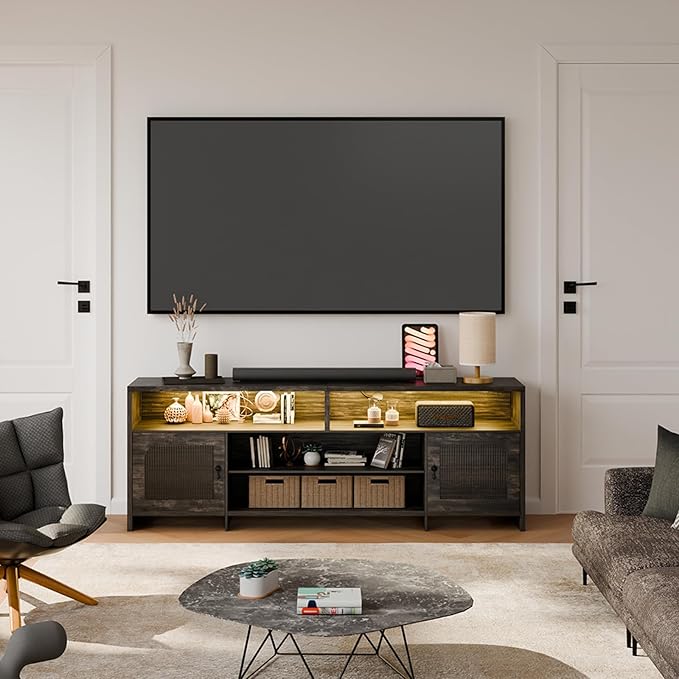 Fluted TV Stands for 70-80 Inch TV, Mid-Century Modern TV Stand Entertainment Center with LED Lights and Open Storage Shelves, 70" Curved TV Media Console for Living Room, Dark Rustic Oak