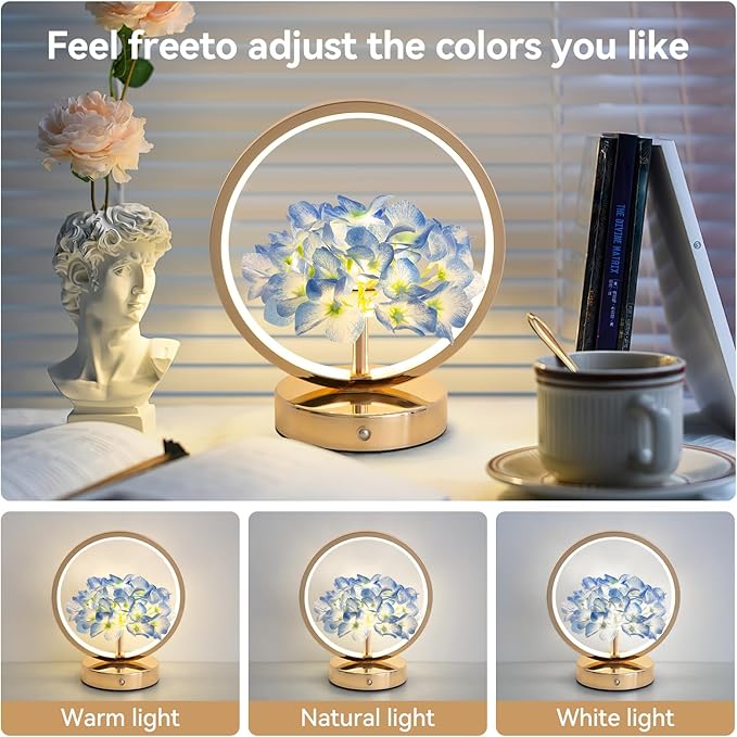Birthday Gifts for Women Mom,Hydrangeas Flower Touch Lamp,Rechargeable Cordless 3 Way Dimmable Small Night Light for Bedroom,Living Room,Office Home Decor Thank You Gifts for Festival-Blue