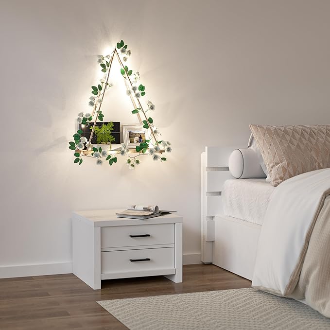 Triple Artificial White Flower Garland with LED-Strip Wall Hanging Shelves Set of 2, Boho Shelves for Wall Décor, Macrame Wall Shelf for Bedroom Bathroom Living Room Kitchen (No Battery Included)