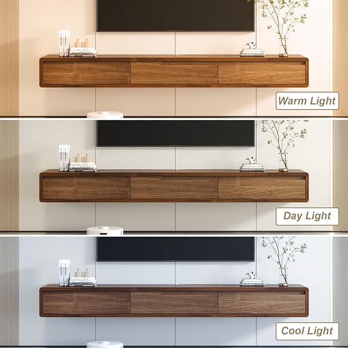 Solid Wood Floating TV Stand, Wall Mounted Entertainment Center with 2 Drawers, Floating TV Shelf for Living Room Bedroom & Office (Walnut, 71in)