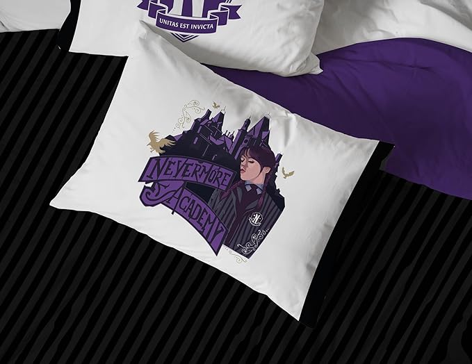 Jay Franco Wednesday Addams Queen Comforter Set - 7 Piece Bedding Includes Sheet Set & Pillow Covers - Black and Grey Stripes Super Soft Kids Bedding