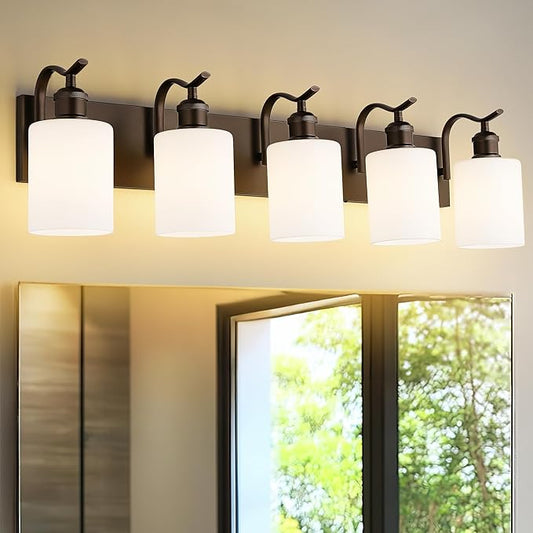 5 Light Bathroom Vanity Light, Morden Vanity Lighting Fixtures Over Mirror Oil Rubbed Bronze Bathroom Wall Sconce with Milky White Frosted Shade ZCVL01ORBW-5