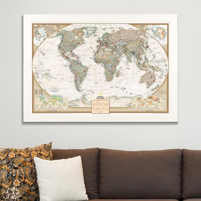 Canvas Executive World Map Pin Board – Framed Travel Map with Pins for Wall – Personalized Push Pin World Map for Tracking Journeys – 27.5" x 39.5" Textured White Frame