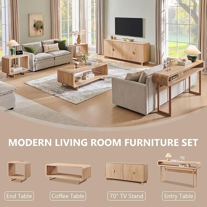 70" Fluted Fireplace TV Stand for 80 Inch TV, Modern Entertainment Center w/36'' Electric Fireplace, Wood Media Console w/Curved Profile Design and Adjustable Shelves for Living Room,Natural Oak