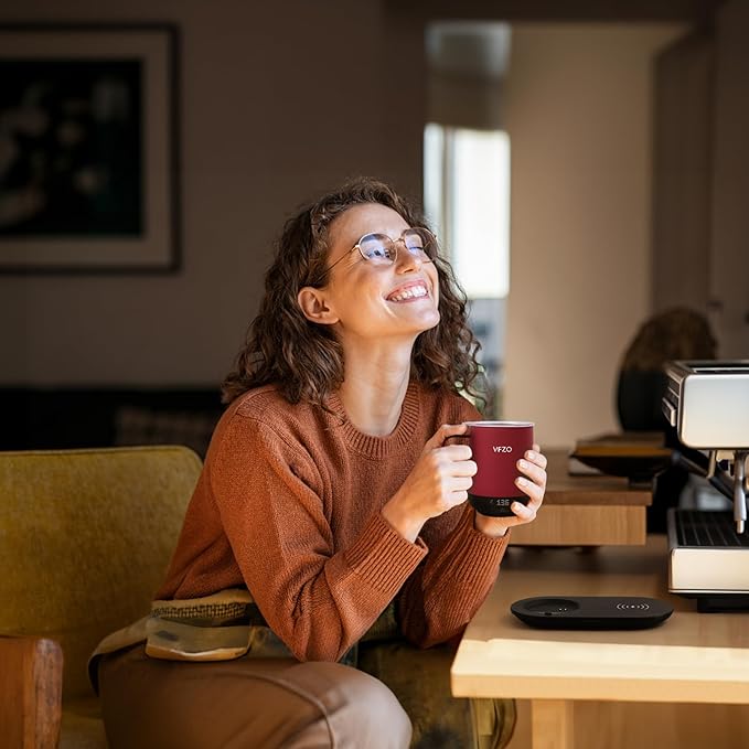 Temperature Control Smart Mug, Self Heating Coffee Mug LED Display, 180 Min Battery Life - Hot up to 149℉ Fast Wireless Charger Base Improved Design coffee serving sets (12oz, Burgundy)