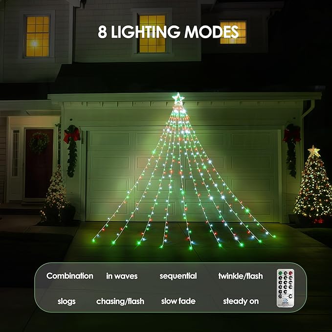 WBao Outdoor Christmas Decorations with 12" Star Topper, 344 LED 11.9ft Waterfall Christmas Lights, Remote Control 8 Modes, 3 Timers, UL Listed Waterproof for Tree Roof Porch Decor, Red Green White