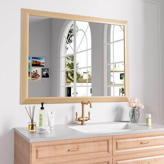 Amorho 40X32 Inch Bathroom Mirror for Wall, Oak Wood Grain Metal Framed Mirror, Anti-Rust, Hang Horizontally/Vertically, Suitable for Vanity, Bedroom, Farmhouse, Bathroom