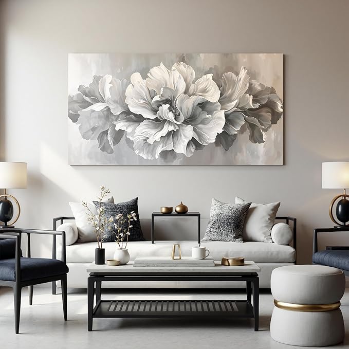 Canvas Wall Art Decor White Flower Wall Art Decor For Living Room Gray Floral Art Wall Decor Pictures Prints Modern Aesthetics artwork Wall Art For Home Bedroom Office Room Wall Decor 20×40 Inch