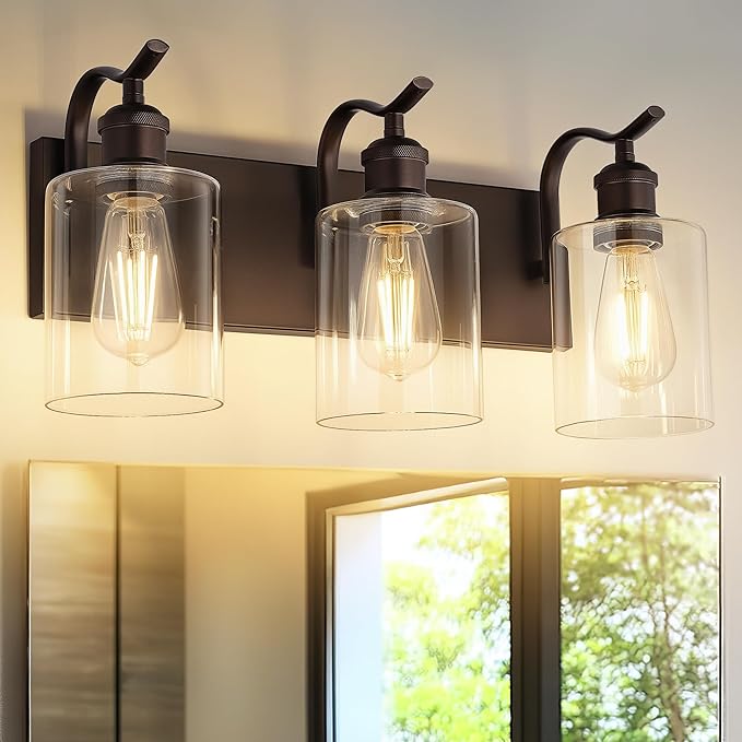 3 Light Bathroom Vanity Light, Morden Bathroom Lighting Fixtures Over Mirror Oil Rubbed Bronze Wall Light Fixtures with Clear Glass Shade ZCVL01ORB-3