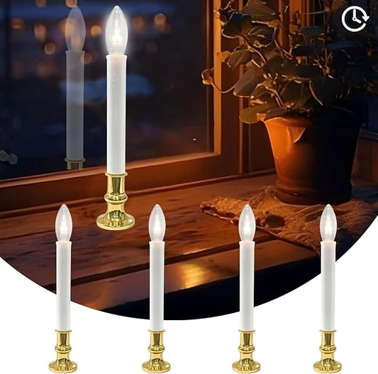4 Pack Window Candles Battery Operated with Timer,Christmas Window Candle Lamps with Golden Plated Holders&4 Suction Cups,Electric Candles Light for Christmas Dinner Wedding Party Decoration