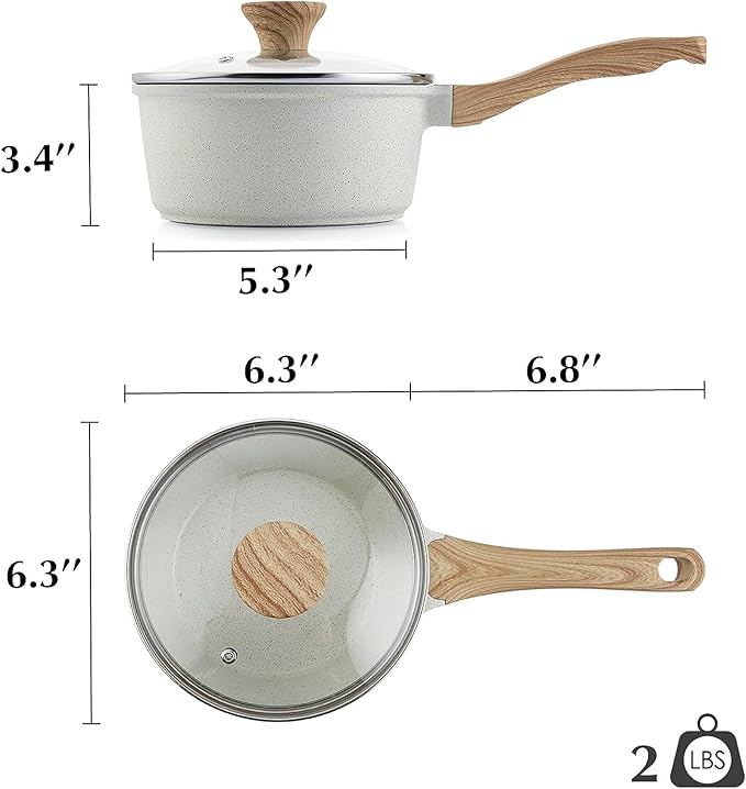 SENSARTE White Ceramic Nonstick Saucepan with Lid Set, Small Cooking Pot with Stay Cool Handle, Induction Compatible Saucepot, White Granite Coating, PFOA/PFAS Free, 1.5 + 2.5QT