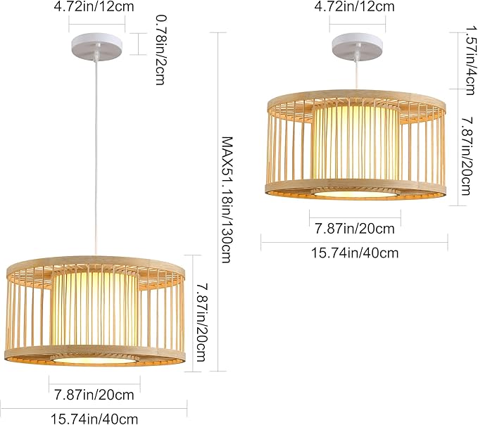 Rattan Pendant Lights, 15.8" Boho Wicker Pendant Light Handwoven Rattan Chandelier Beach Country Natural Hanging Light for Dining Room Kitchen Living Room Bedroom