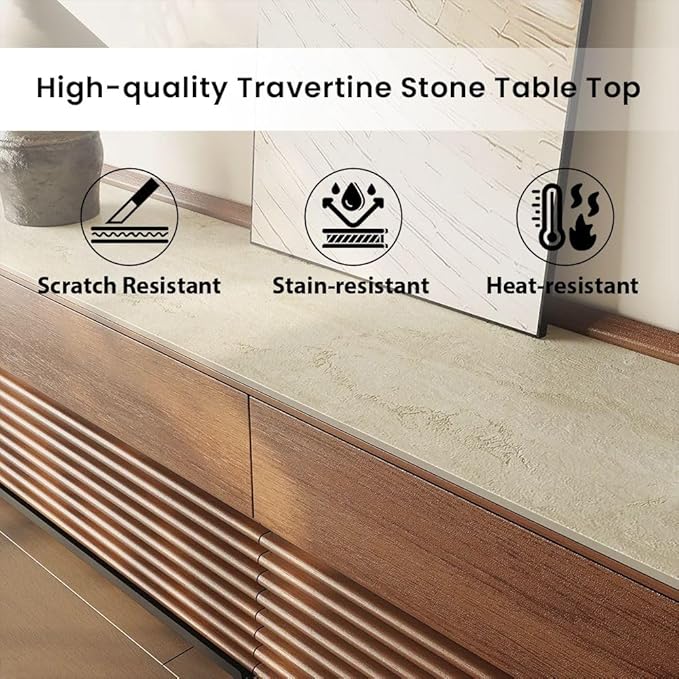 POVISON Fully-Assembled Mid Century Glossy Sintered Stone TV Stand, 118.11" Wood Media Console with Adjustable LED Light, Entertainment Center with Storage for Living Room(Walnut)