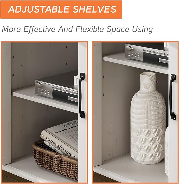 WAMPAT Farmhouse TV Stand for TVs Up to 65 inch, Glass Door TV Cabinet with Adjustable Shelf, Wooden Entertainment Center for 32-60 inch TV Console Table, Off White