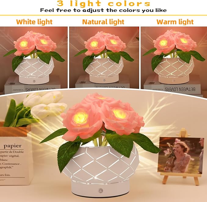 Roses Flower Touch Lamp,Rechargeable Cordless 3-Colour Dimming Small Night Light for Festival,Dining Room,Bedroom Home Decor Birthday Gifts-6 Rose